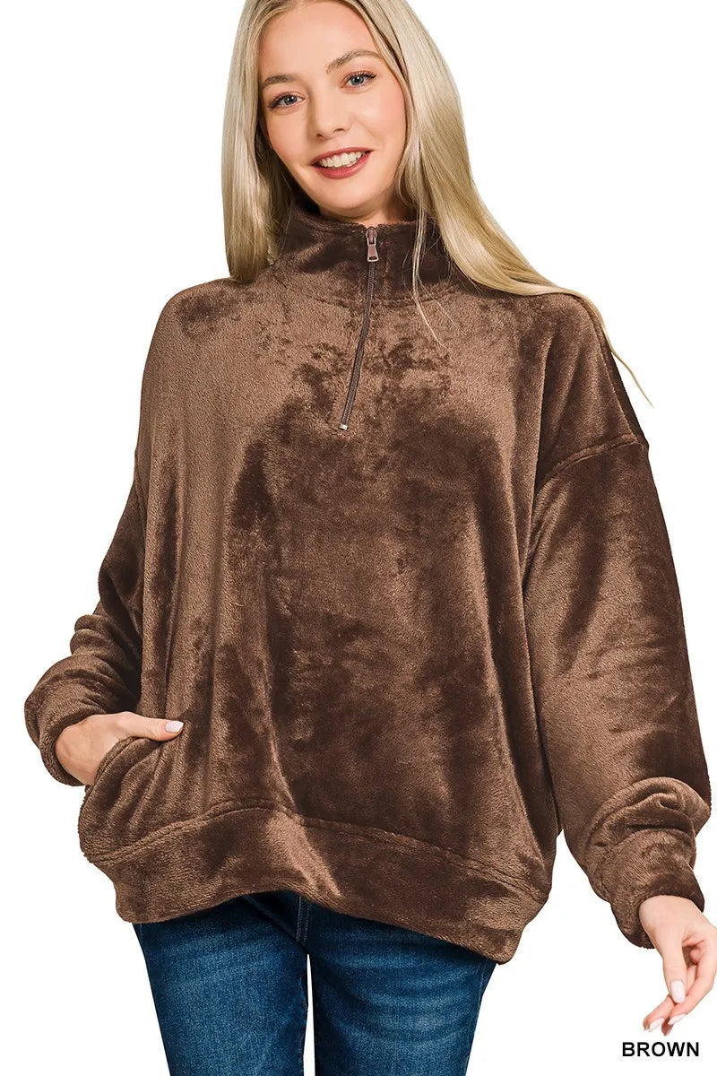 Faux Fur Half Zip Pocket Pullover