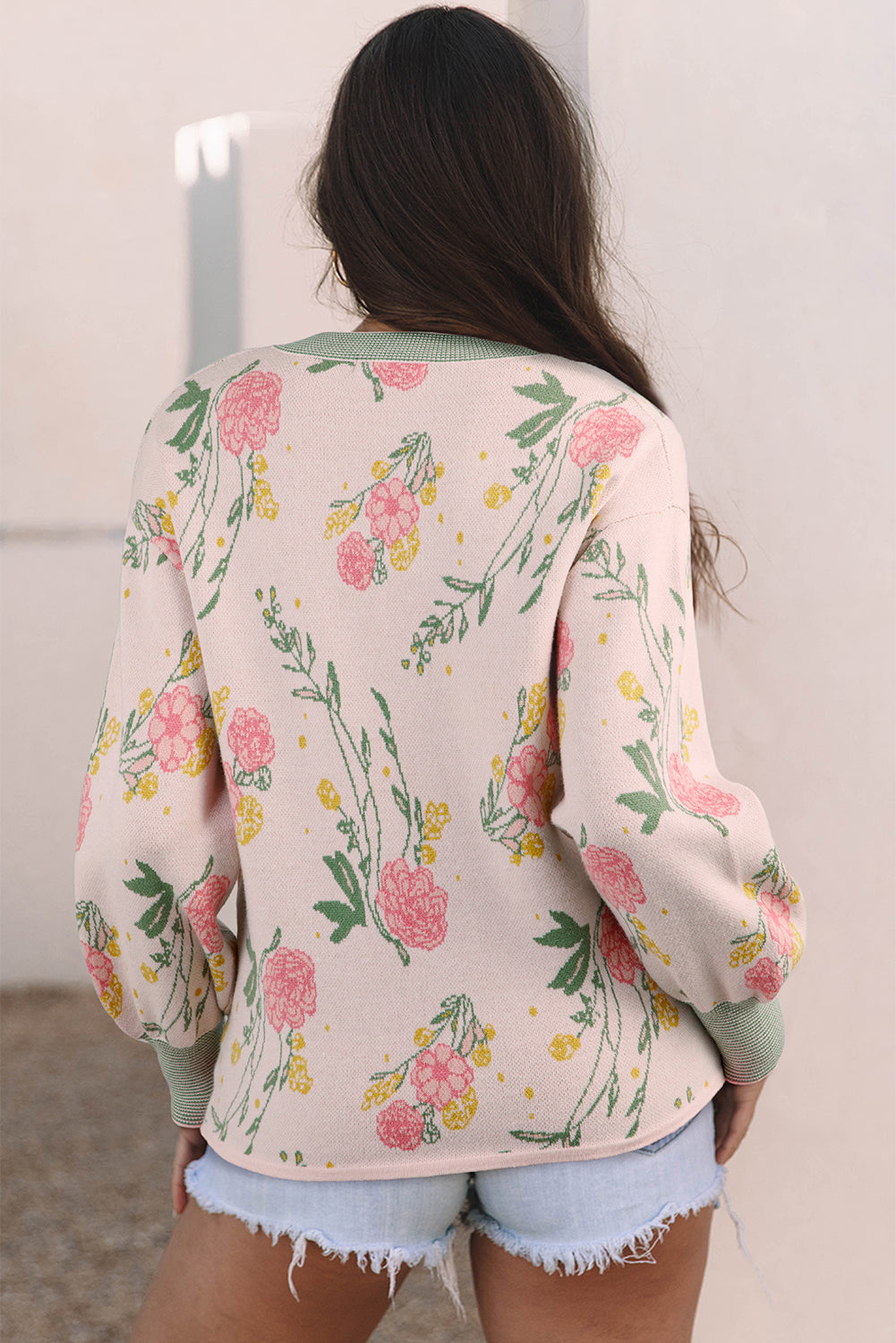 Pink Floral Pattern Striped V Neck Loose Sweater