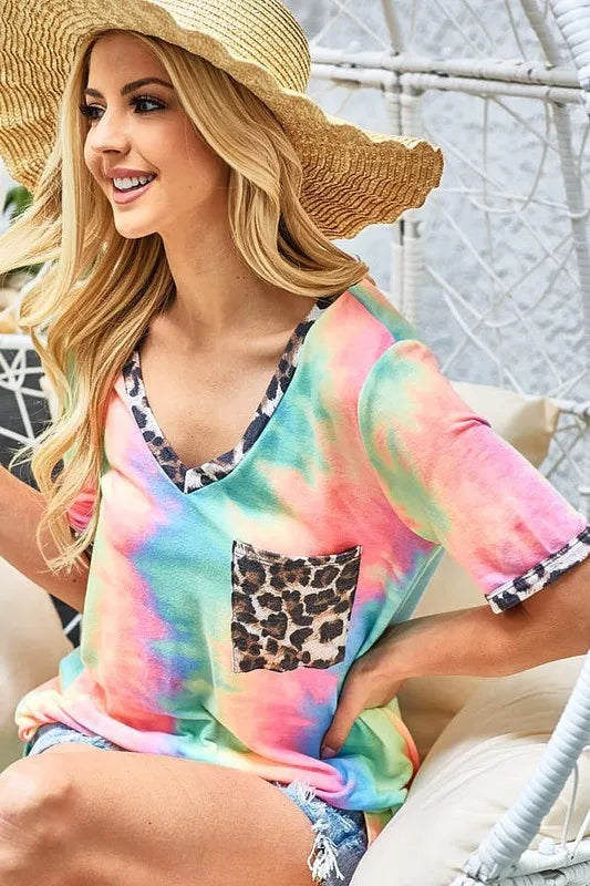 Tie Dye Print V Neck Top With Front Patch Pocket