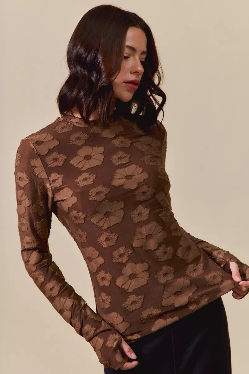 Stretched Jacquard Casual Tops with Thumb Opening