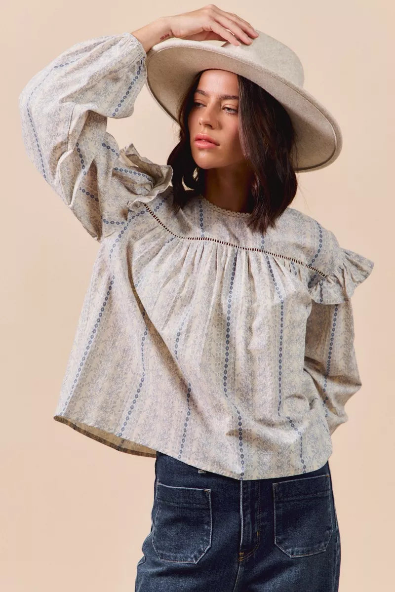 Floral Cotton Print Ruffled Long Sleeve Blouse