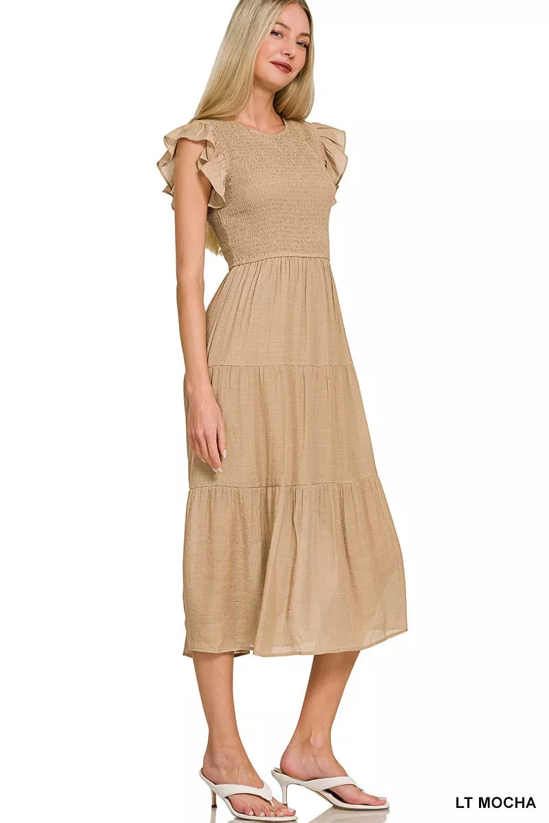 Woven Smocked Ruffle Sleeve Midi Dress