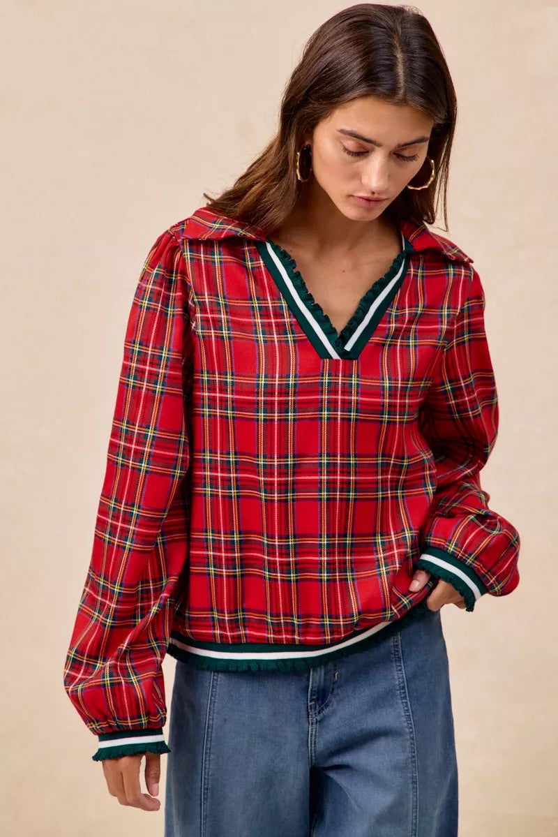 Christmas Plaid Collared Top with Ruffled Detail