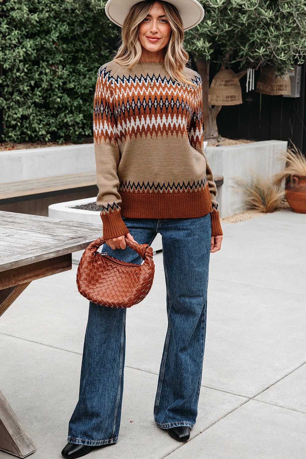 Khaki Aztec Print Colorblock Crew Neck Sweater