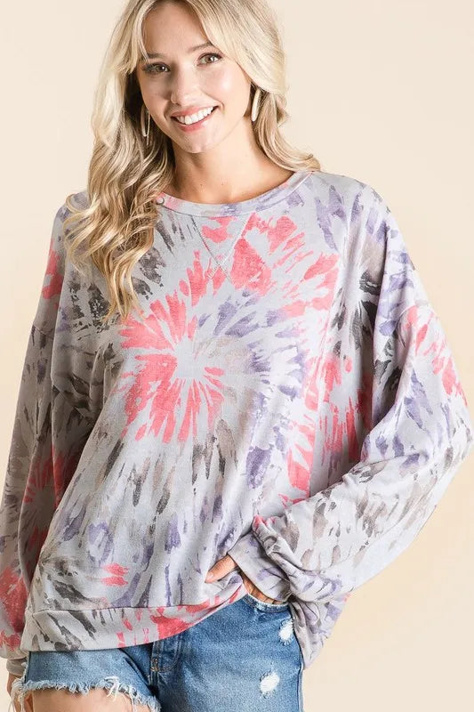 Tie Dye Print Terry Pull Over