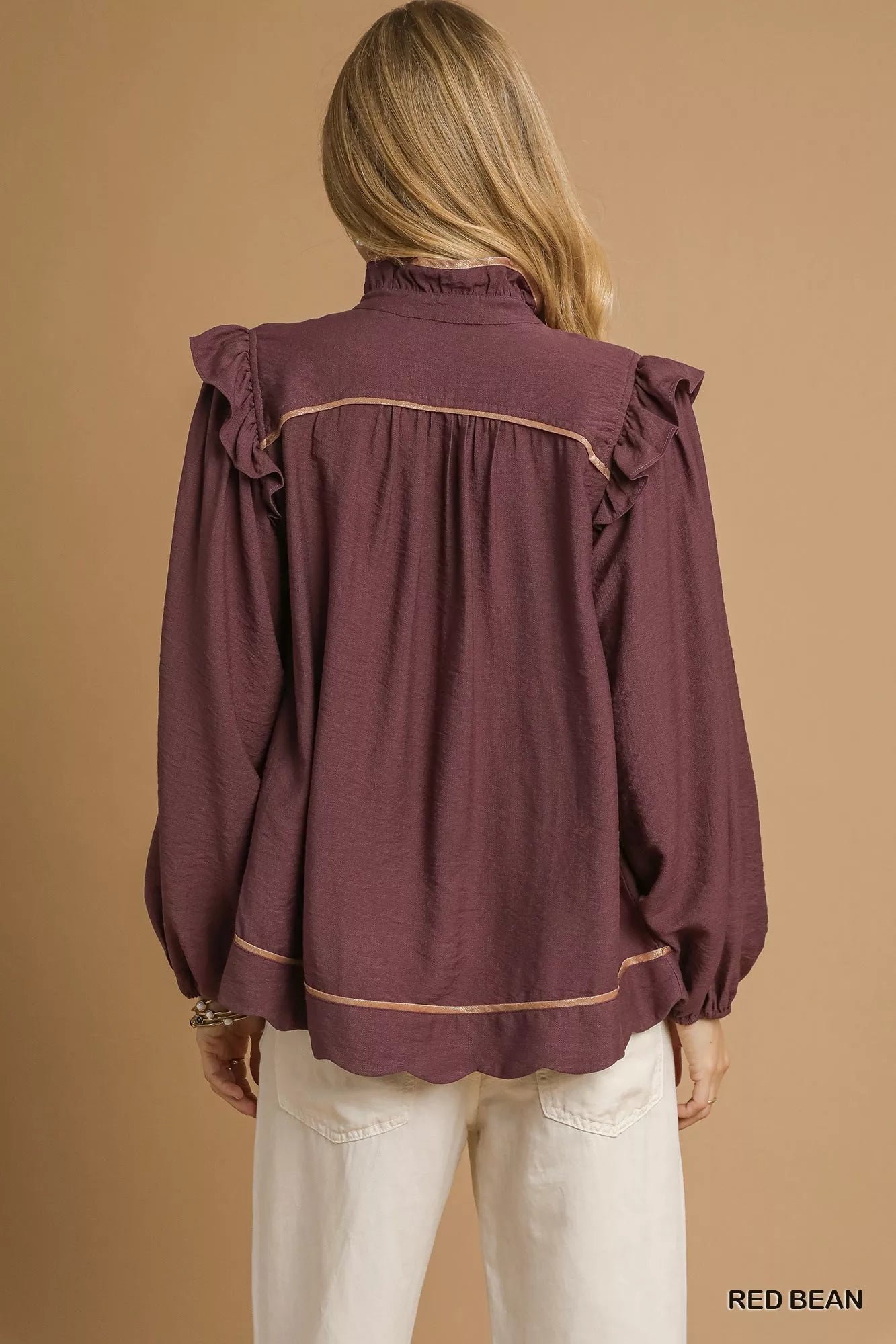 Ruffle Shoulder Long Sleeve Blouse