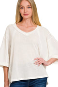 Brushed Waffle Exposed-seam 3/4 Sleeve Top