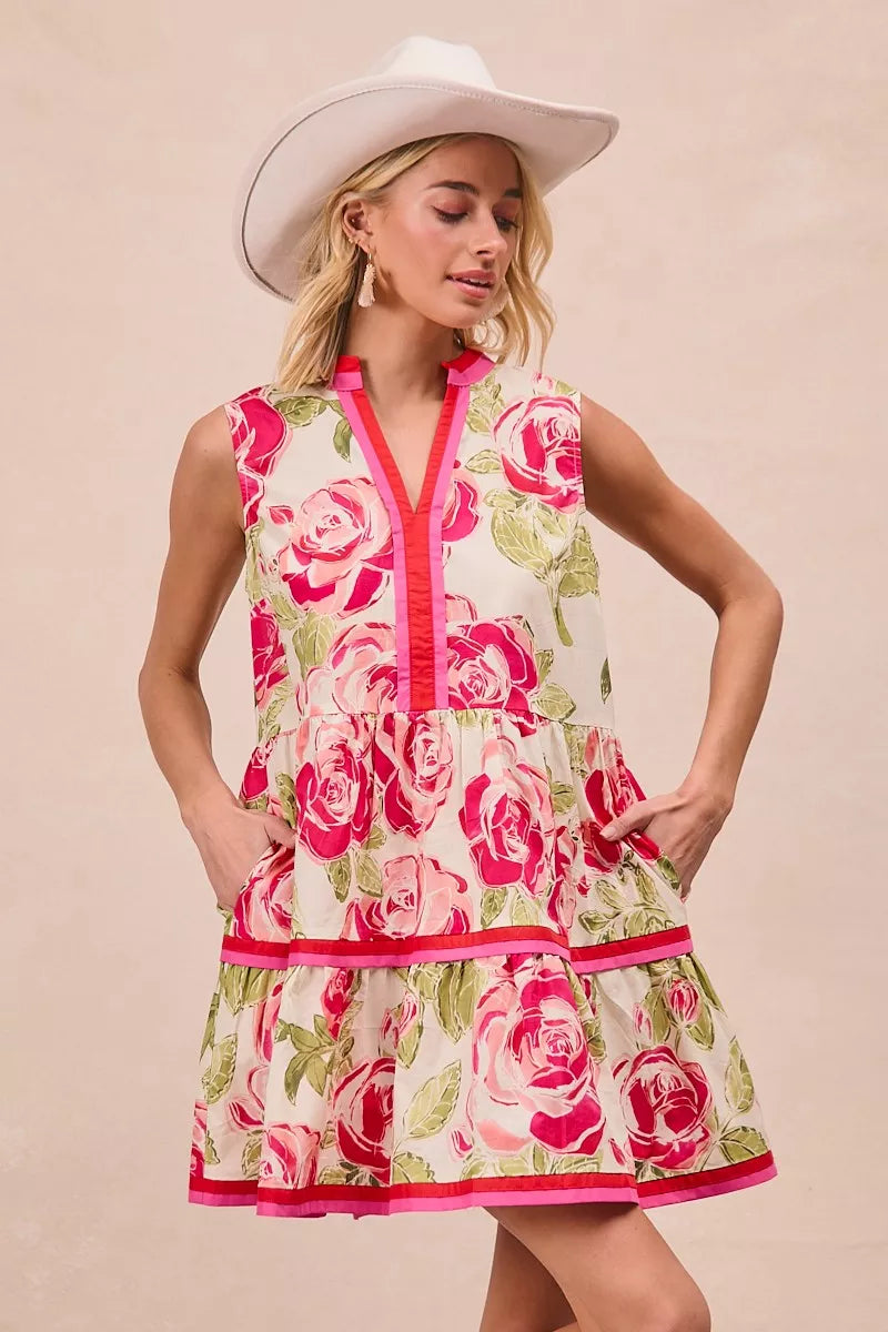 Floral Woven Contrast Edge Tiered Ruffle Mini Dress