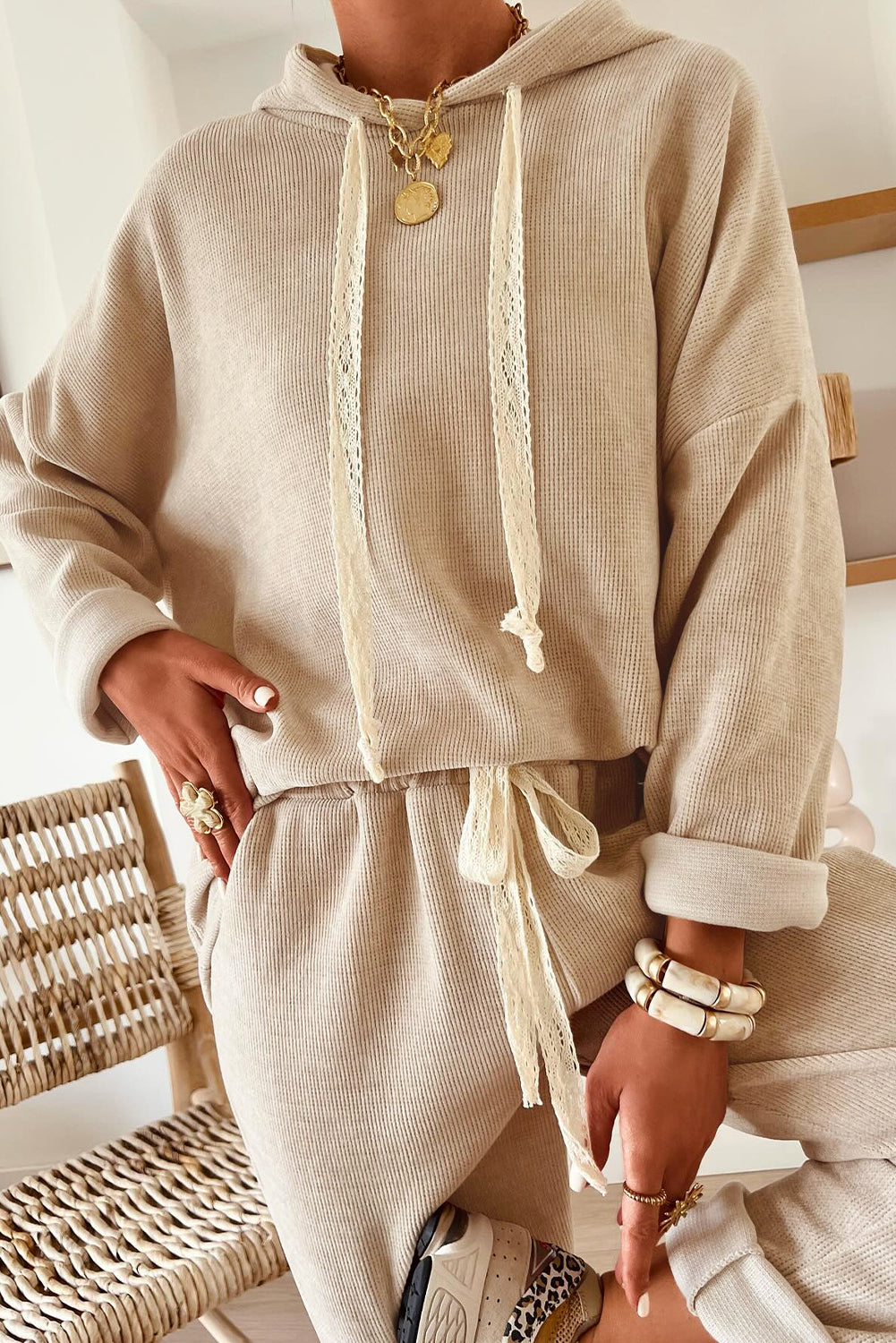 Jet Stream Lace Drawstring Pullover Hoodie and High Waist Pants Corduroy Suit