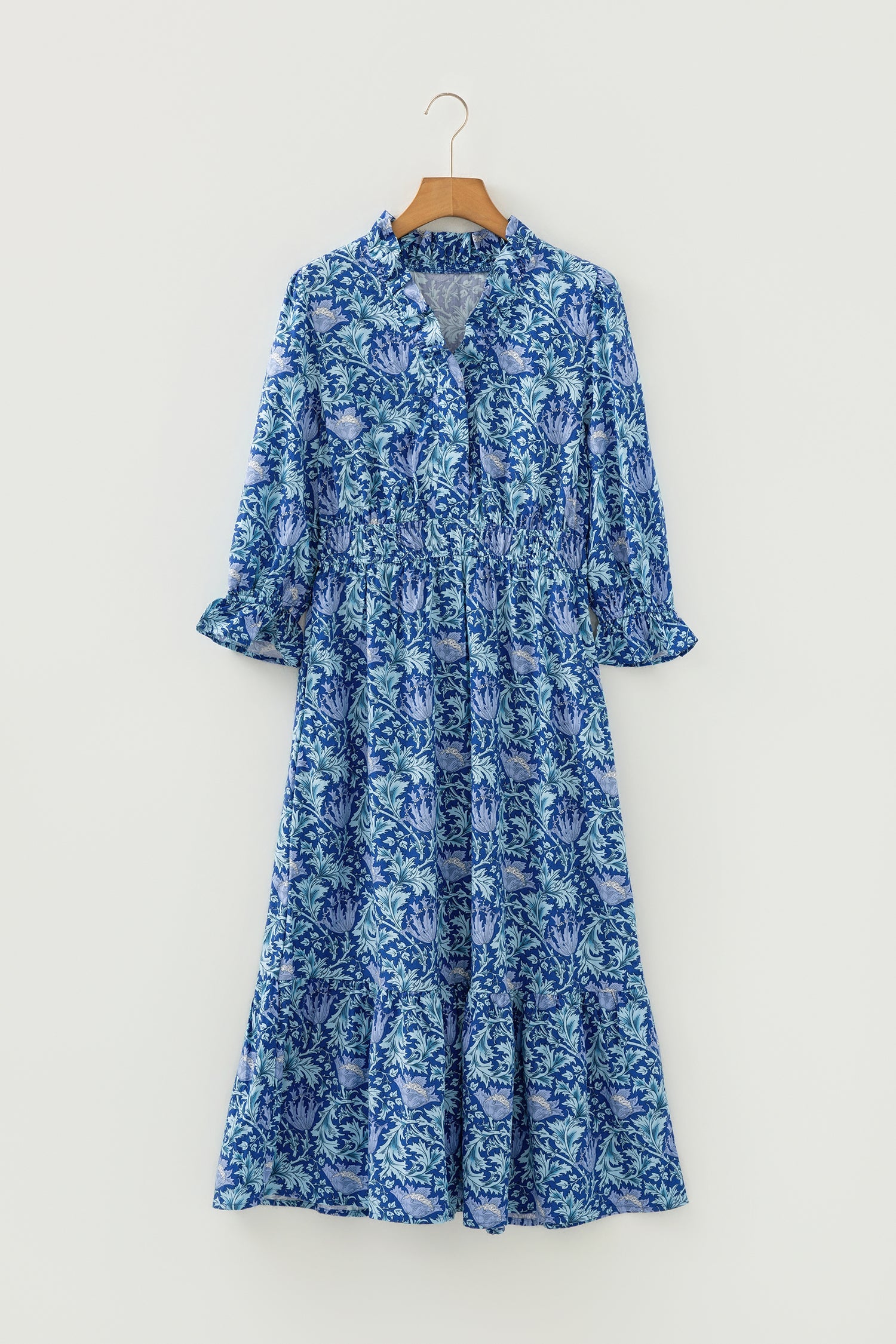 Sky Blue Floral Printed Frilled V Neck Bracelet Sleeve Long Dress