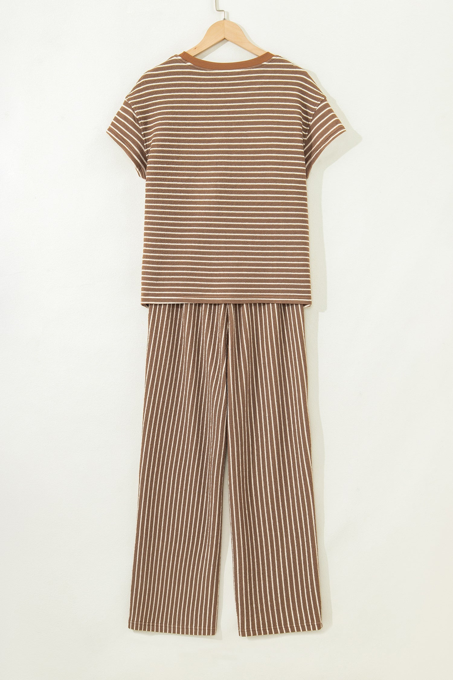 Khaki Stripe Crew Neck Tee Drawstring Waist Cropped Pants Set