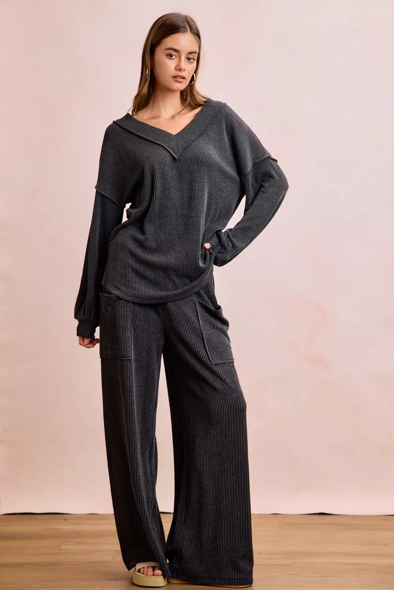 Two Tone Cord Rib Contrast Stitching V-Neck Top and Pants Set