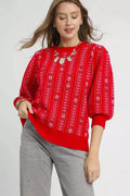 Jacquard Knit Puff Sleeve Sweater