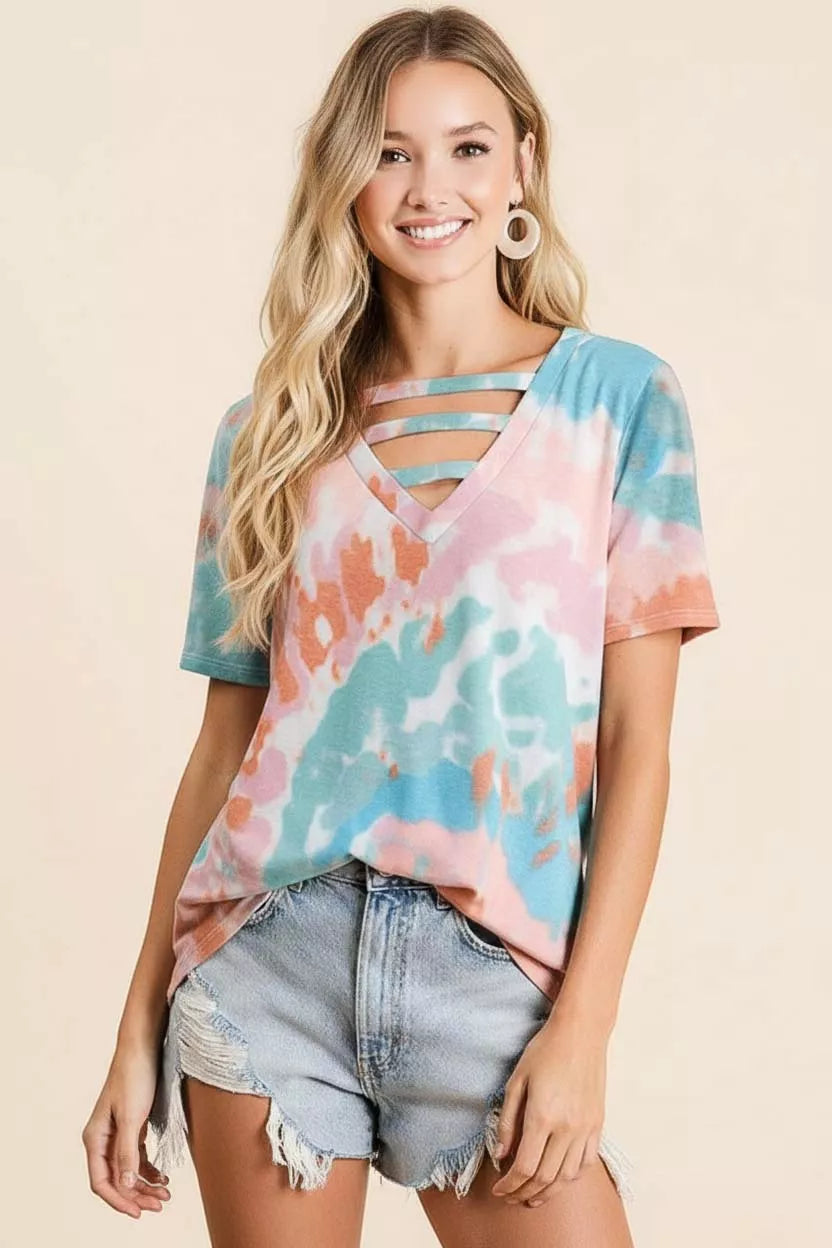 Tie-Dye V-Neck Cutout Short Sleeve T-Shirt