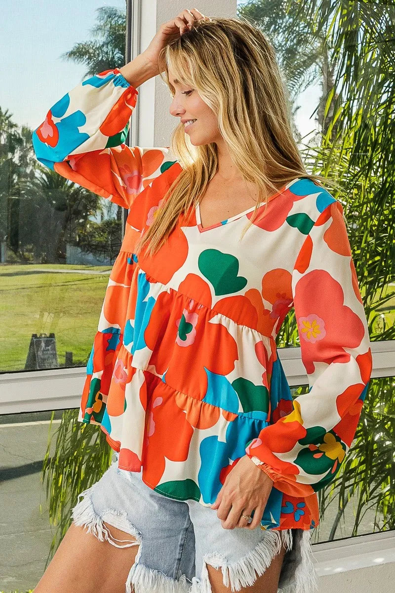 Floral Woven Tiered V Neck Top