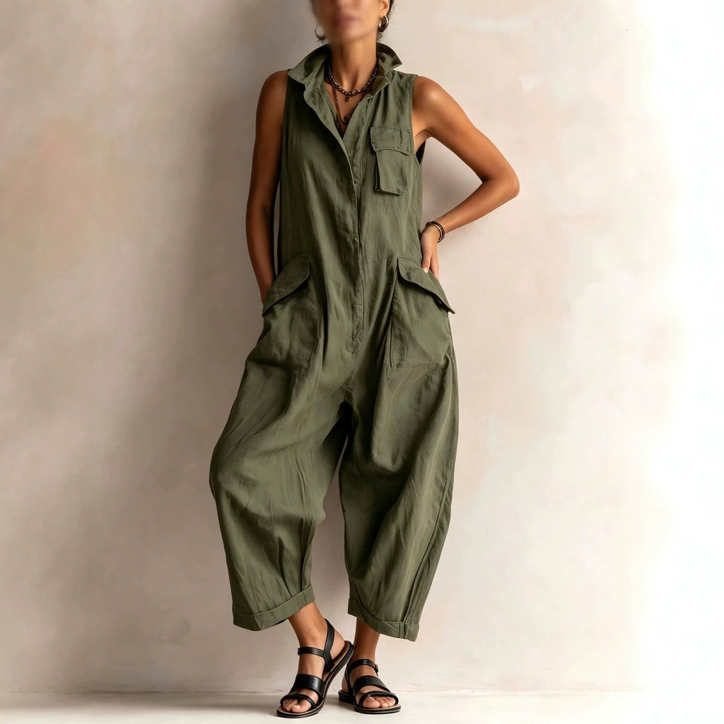 Women's Cotton Sleeveless Cargo Jumpsuit – Wide Leg Multi-Pocket