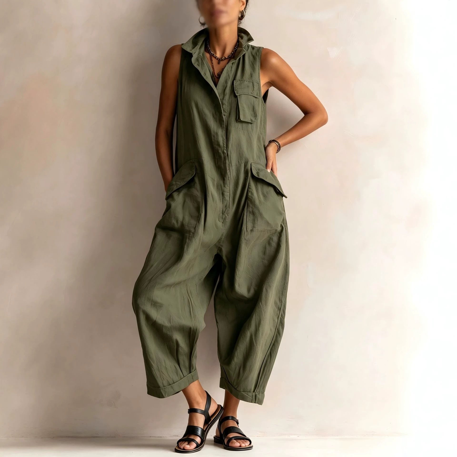 Women's Cotton Sleeveless Cargo Jumpsuit – Wide Leg Multi-Pocket