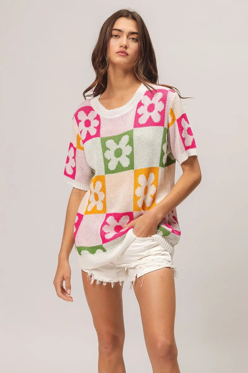 Flower Checker Pattern Lightweight Sweater Top