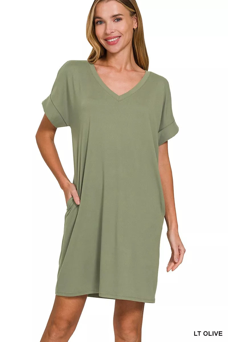 Brushed Dty Rolled Short Sleeve V-Neck Dress