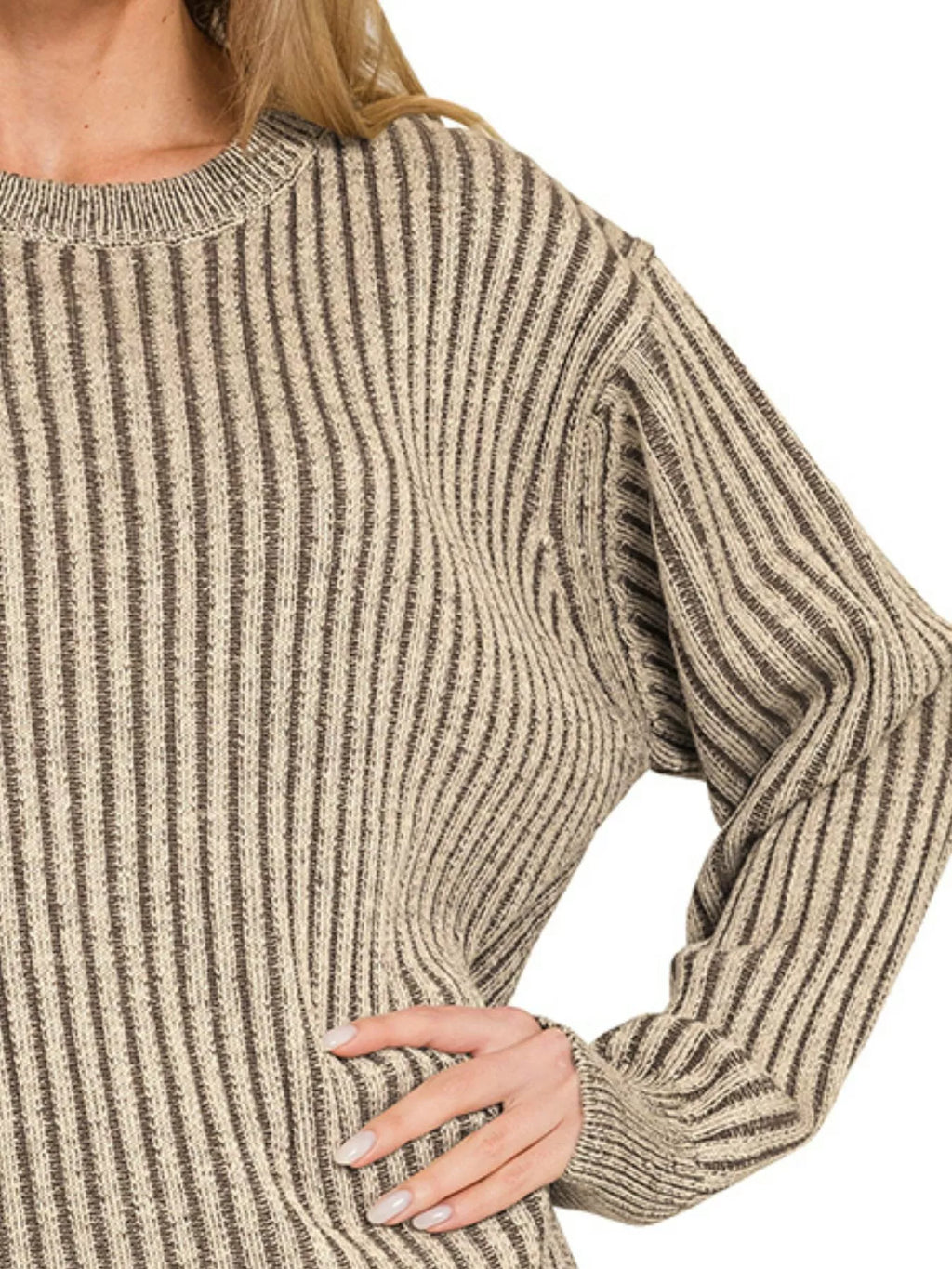 Curved Hem Two-Tone Ribbed Sweater