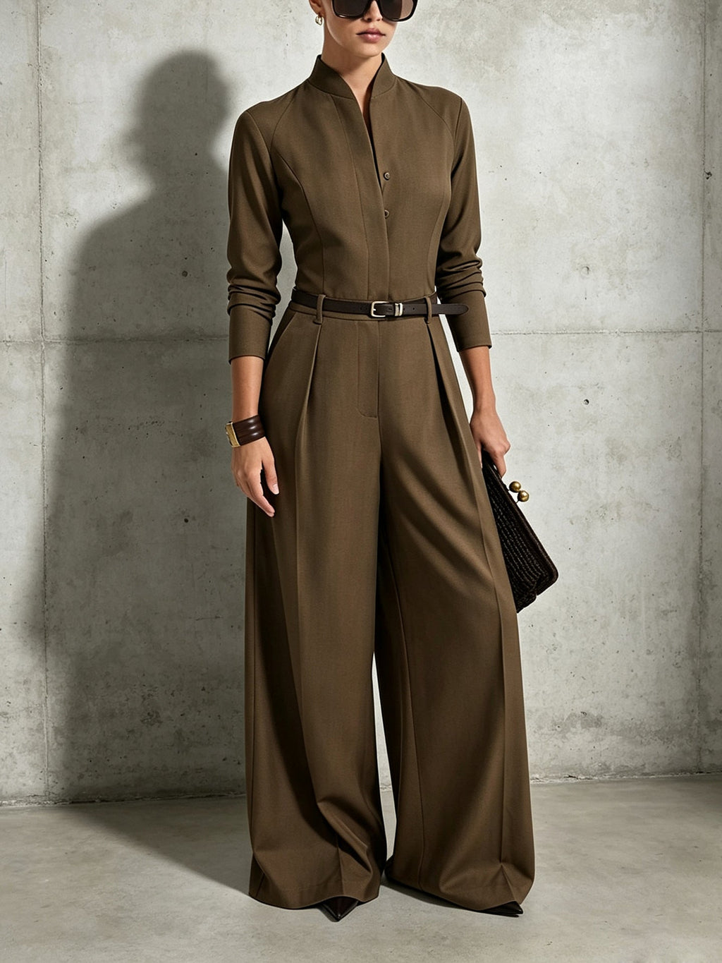 Women's Stand-Collar Long-Sleeve Wide-Leg Jumpsuit