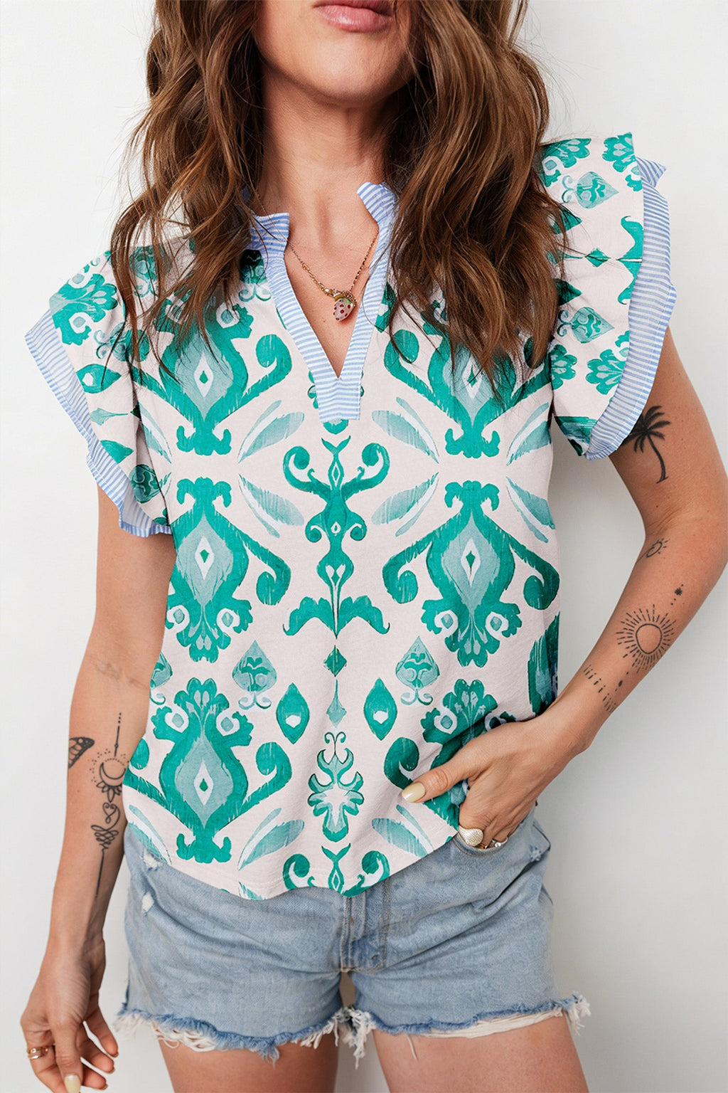 Sky Blue Ethnic Print Striped Trim Flutter Sleeve Top