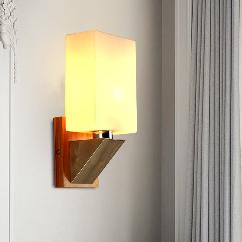 DecorBites™ Modern White Frosted Glass Cuboid Sconce - Wood Wall Lamp with Metal Base
