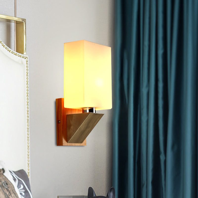 DecorBites™ Modern White Frosted Glass Cuboid Sconce - Wood Wall Lamp with Metal Base