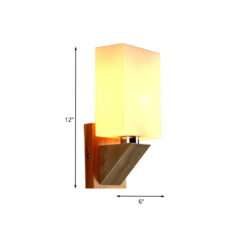 DecorBites™ Modern White Frosted Glass Cuboid Sconce - Wood Wall Lamp with Metal Base