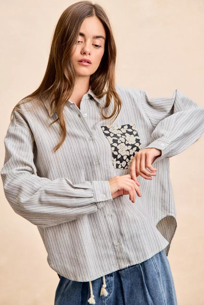 Flower Jacquard Knit Patch Pocket Stripe Shirt