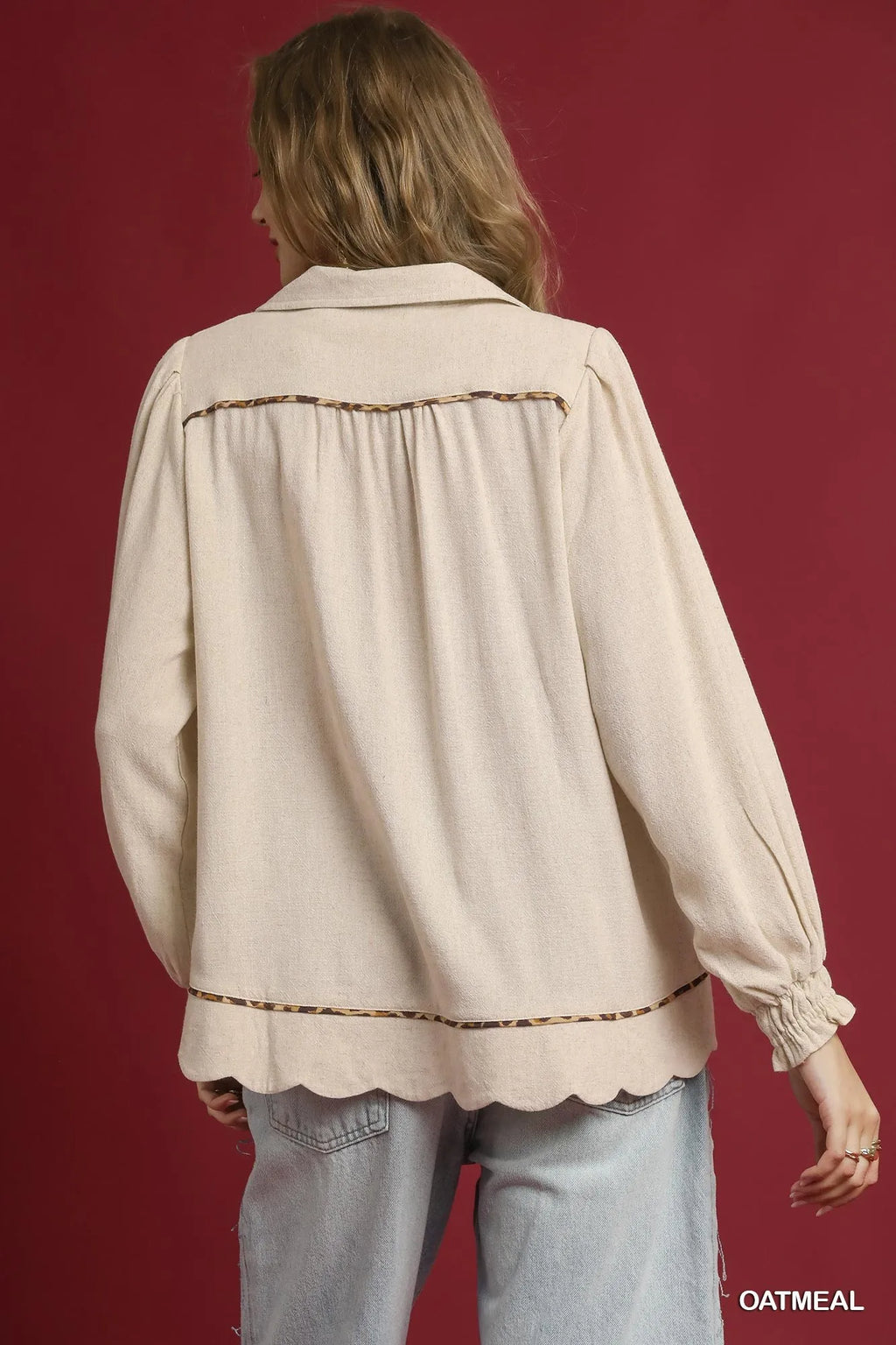 Full Size Linen Scallop Hem Blouse with Contrast Trim Plus Size