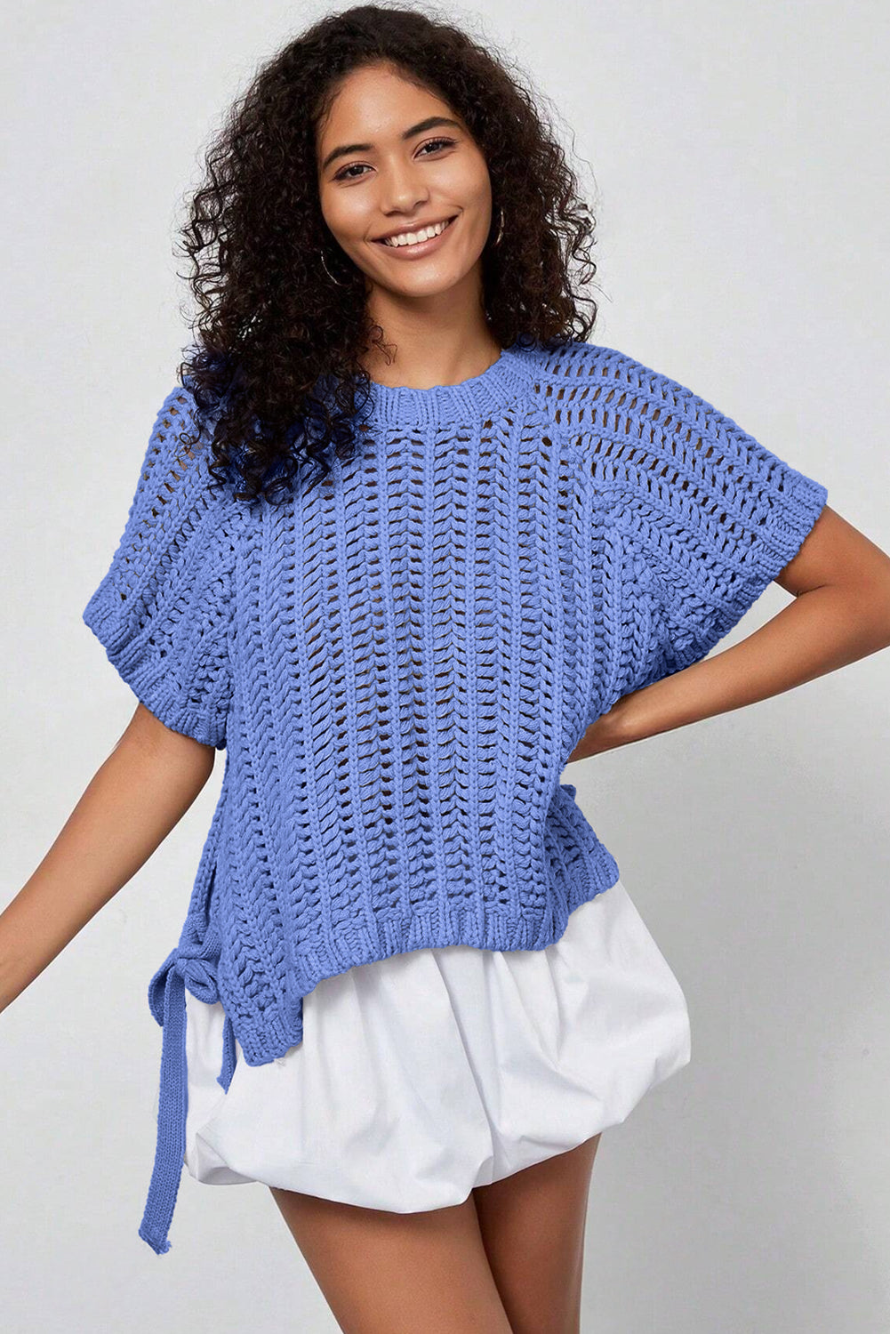 Plus Size Open Knit Bow Tie Short Sleeve Sweater
