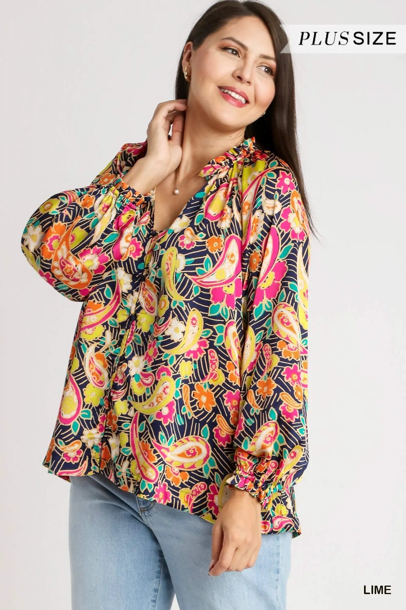 Full Size Satin Paisley Ruffle Neck Button-Up Shirt Plus Size