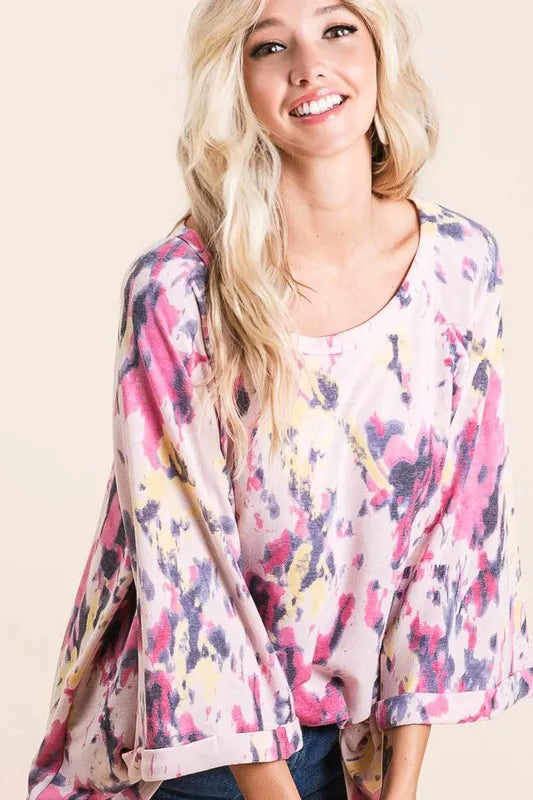 Tie Dye Print Terry A Line Top with Bell Sleeves