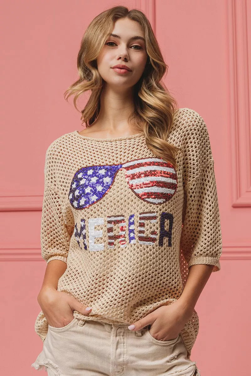 Sequin American Flag Sunglasses Knit Cover Up