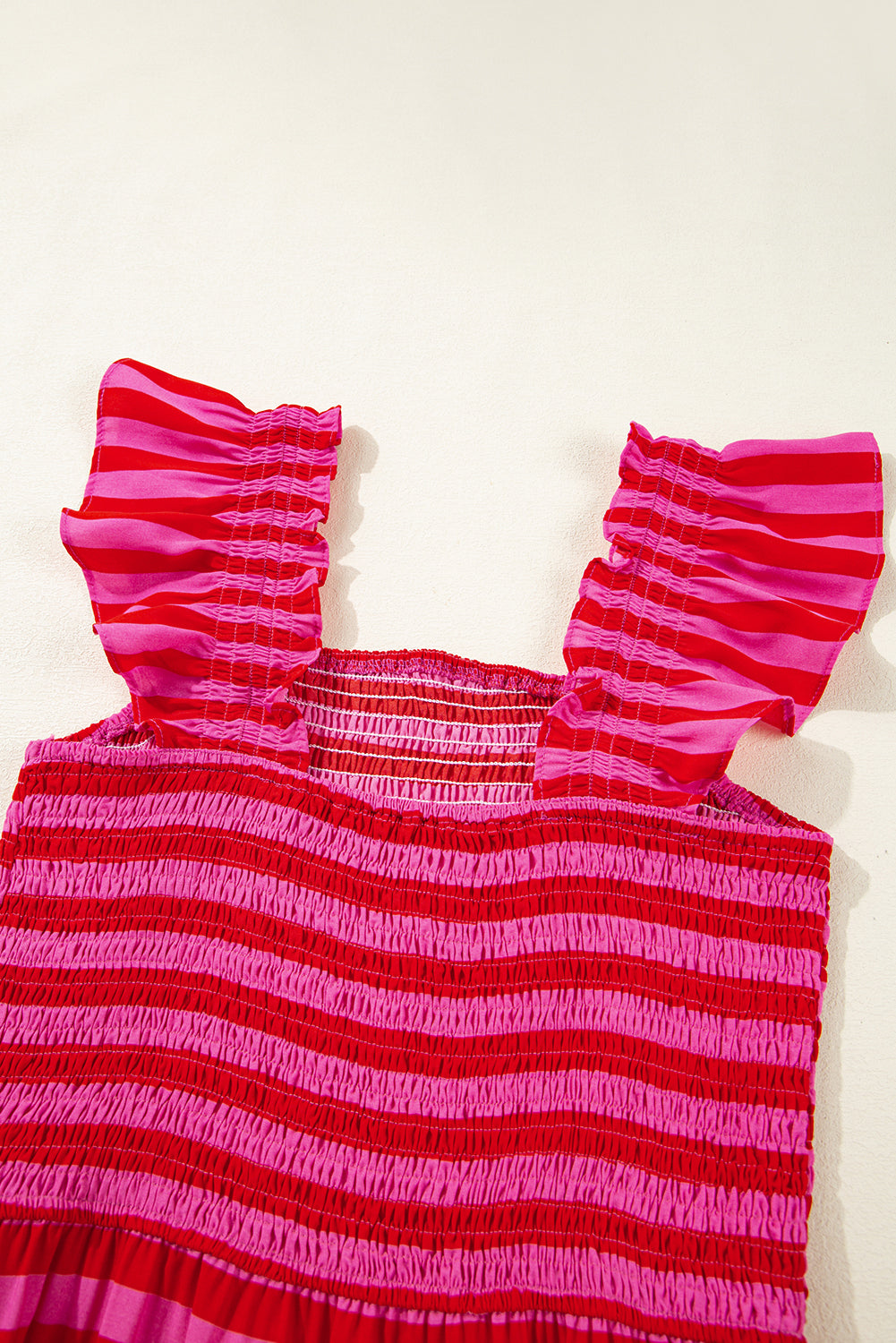 Rose Stripe Flutter Sleeve Smocked Bodice Tiered Maxi Dress