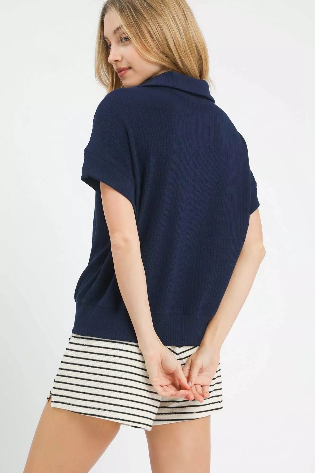 Textured Striped Zip Collar Knit Top