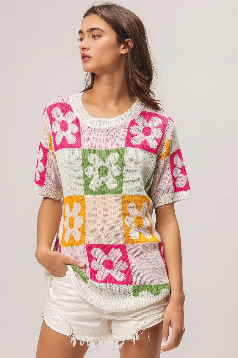 Flower Checker Pattern Lightweight Sweater Top