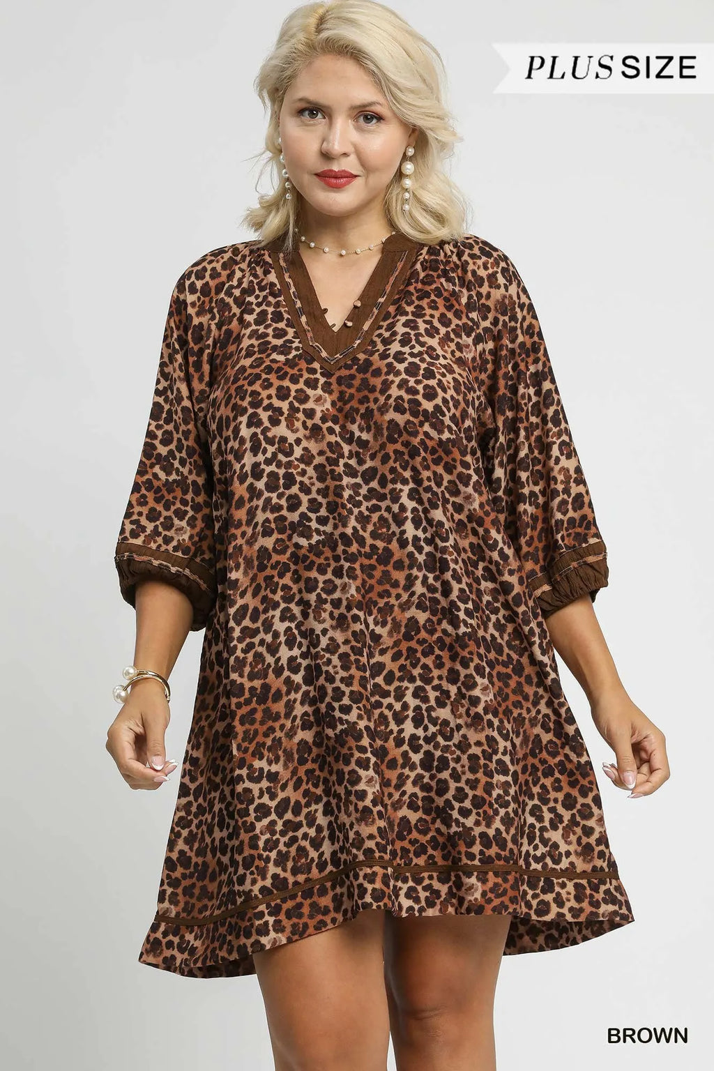Full Size Leopard Print Mini Dress with Contrast Trim Plus Size