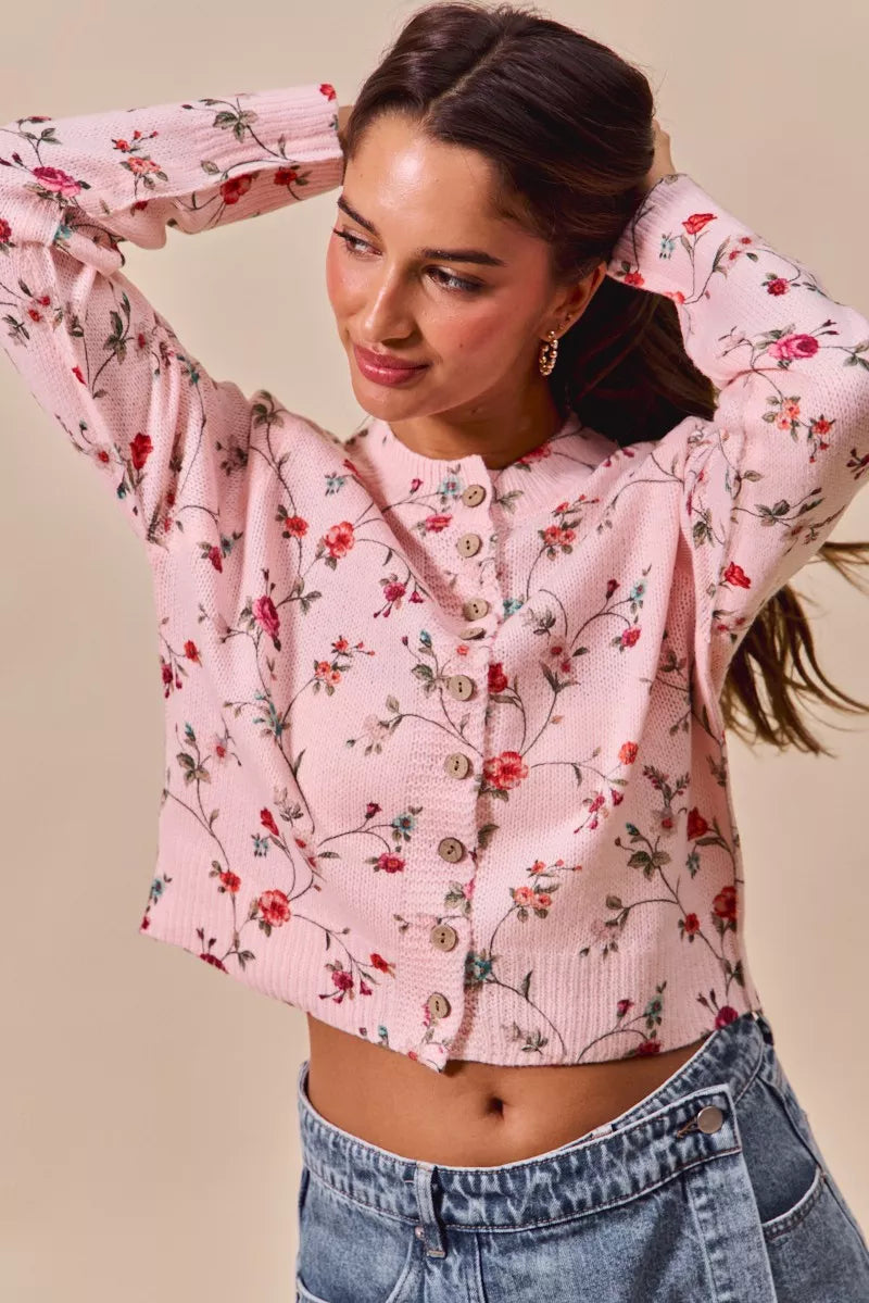 Floral Print Button Front Sweater Cardigan Top