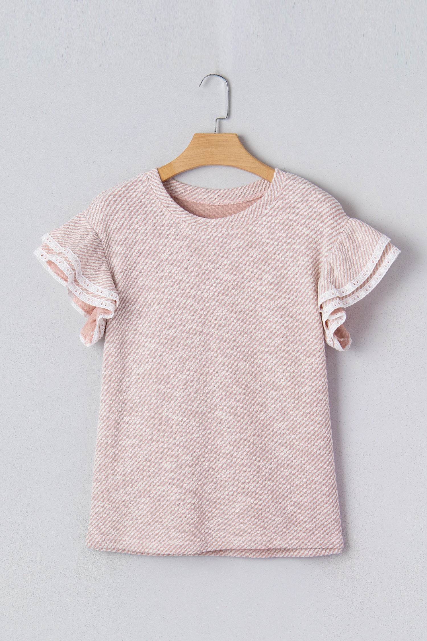 Light Pink Twilled Print Lace Trim Ruffled Short Sleeve Blouse