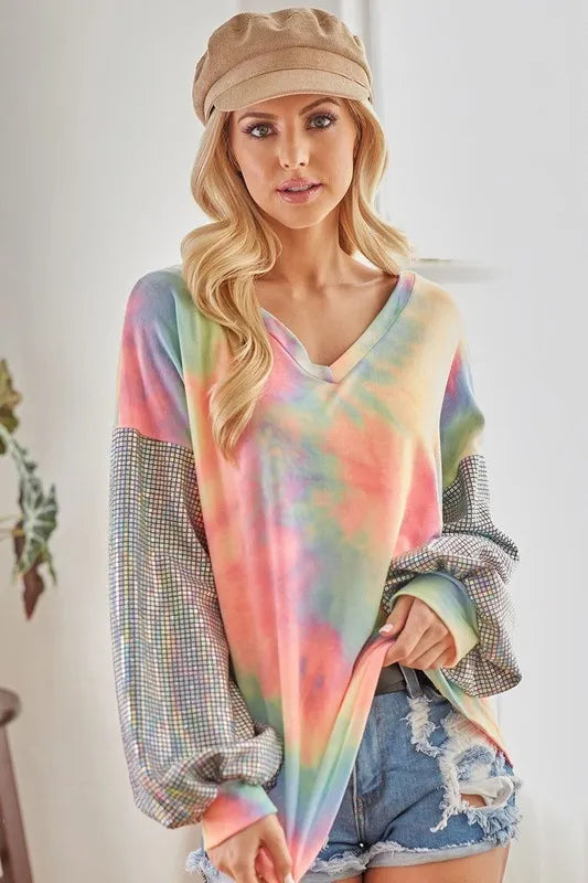 V Neck Tie Dye French Terry Top with Shiny