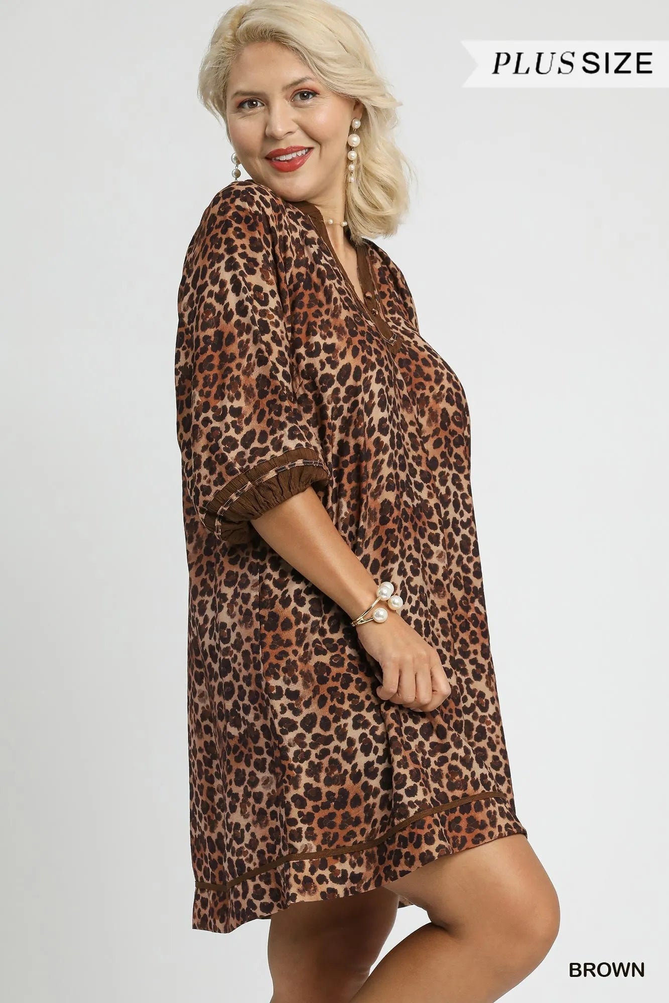 Full Size Leopard Print Mini Dress with Contrast Trim Plus Size