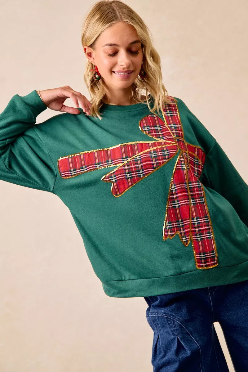 Plaid Ribbon Bow Detail Christmas Fleece Pullover