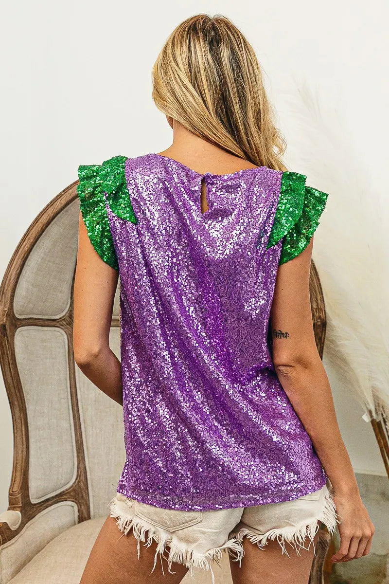 Mardi Gras Sequin Color Block Ruffled Top