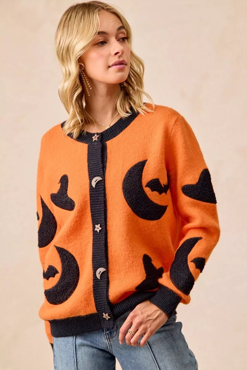 Halloween Witch Hat Moon Bat Artwork Cardigan