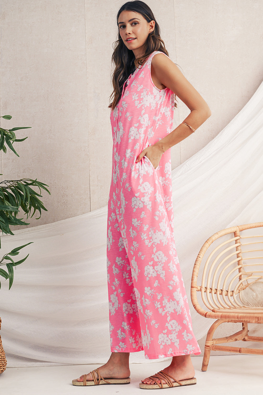 Myosotis Floral Print Sleeveless Wide Leg Jumpsuit