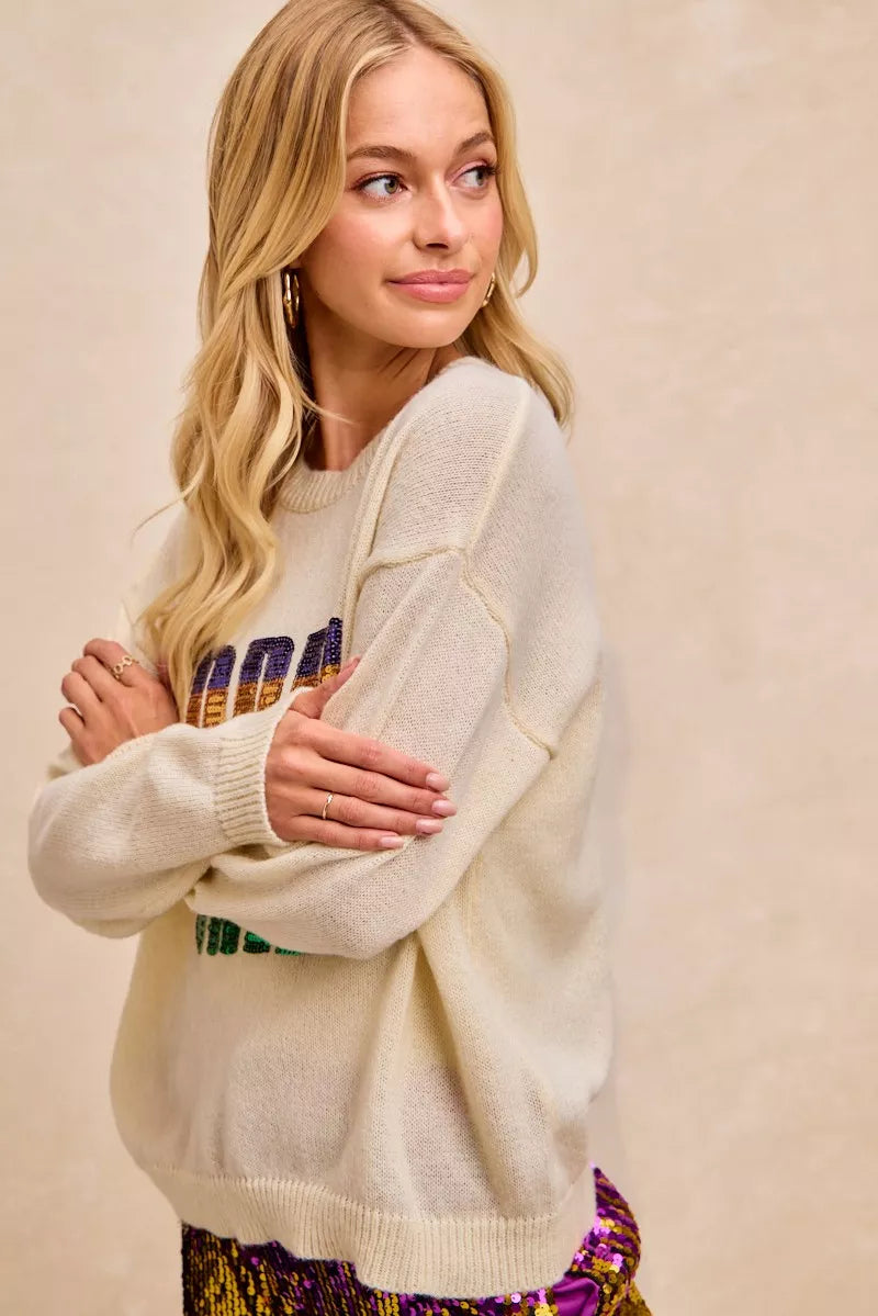 Mardi Gras Sequin Lattering Knit Top