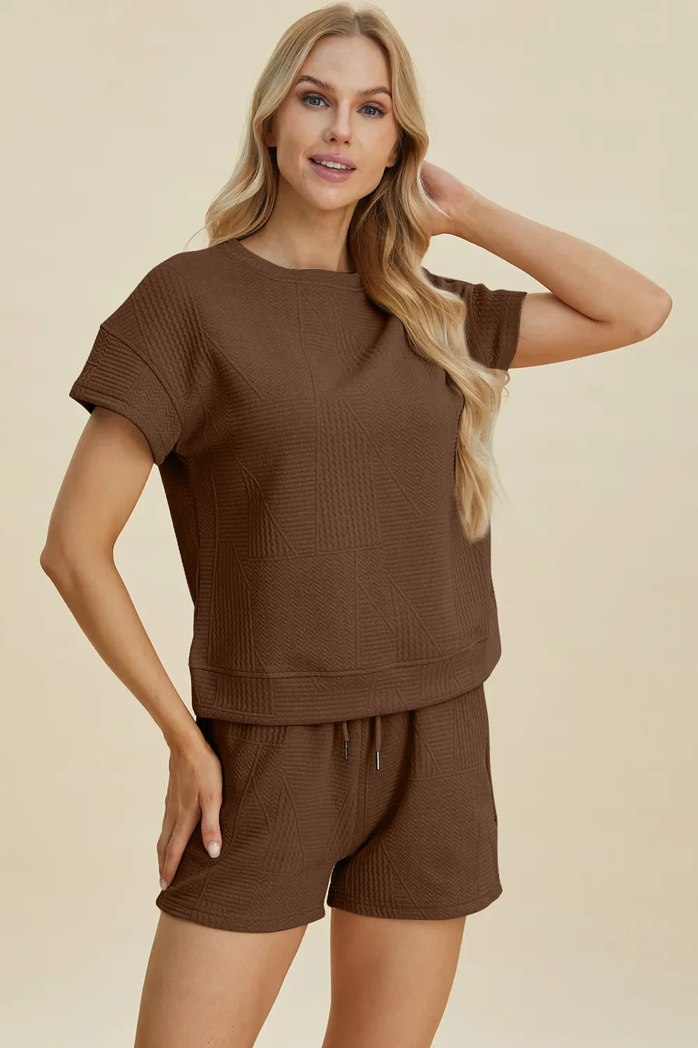 I am a Fashion Junky Full Size Texture Short Sleeve Top and Shorts Set