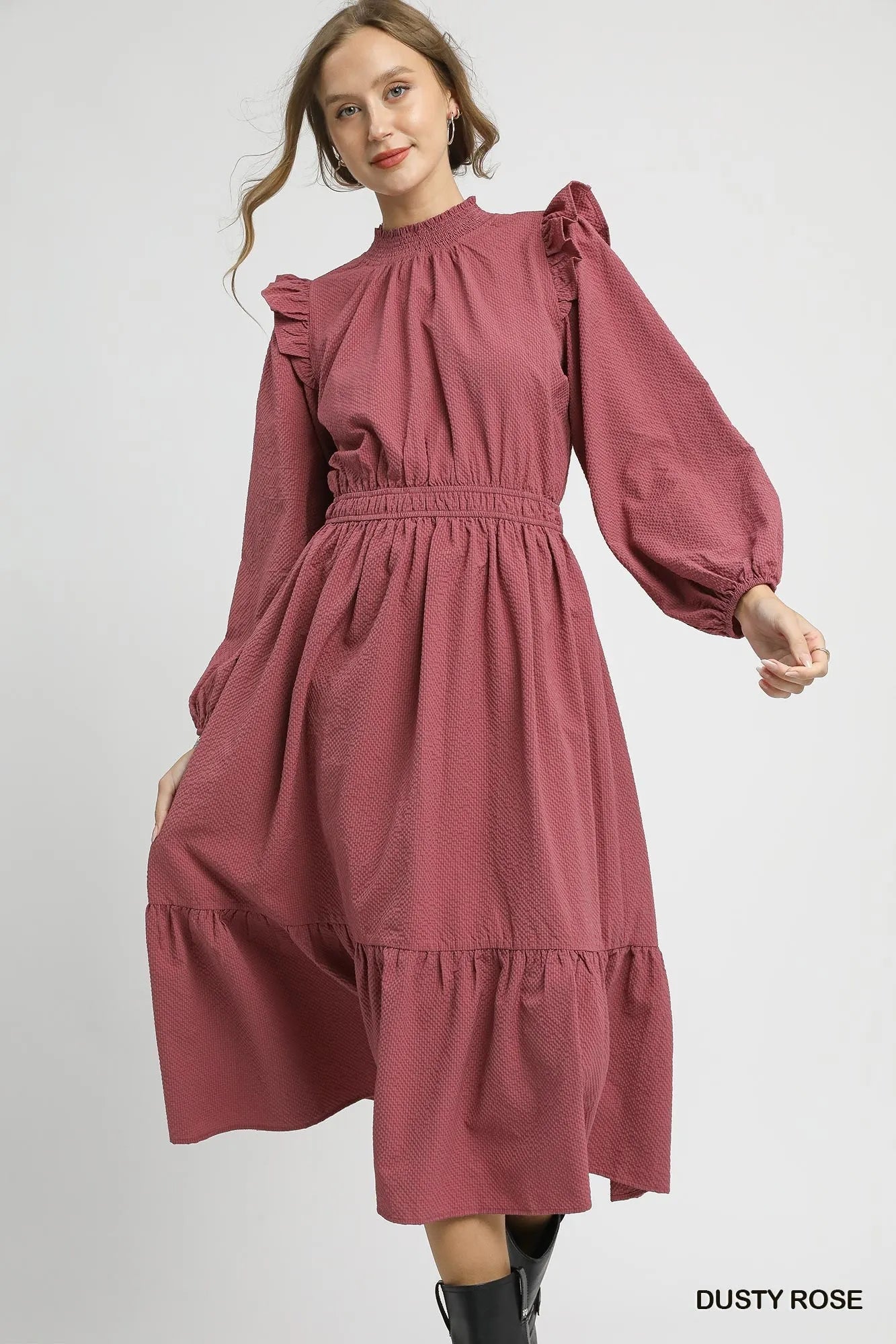 Textured Midi Dress with Ruffle Shoulder Detail